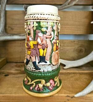 German Ceramic Beer Stein Relief Drinking Scene "Bier oder Wein" Breweriana